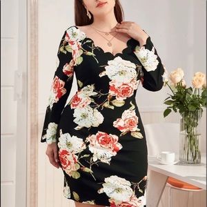 Scalloped Black Floral Dress NWOT